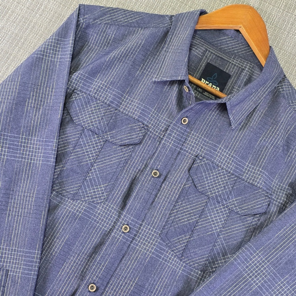 prAna Citadel Long Sleeve Shirt Mens L Blue Lightweight Outdoor Button-Up UPF 50